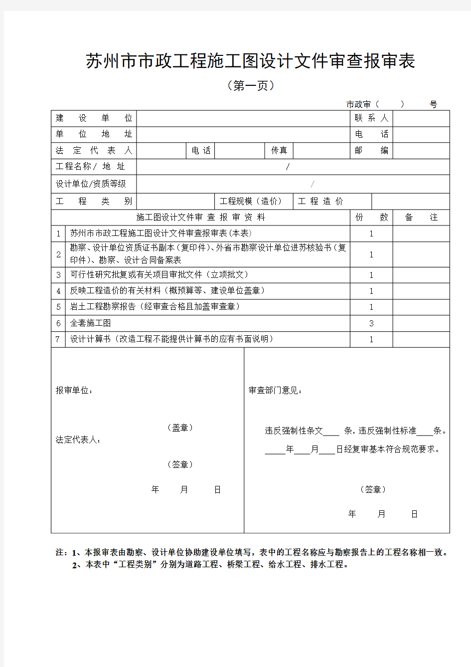 苏州市市政工程施工图设计文件审查报审表