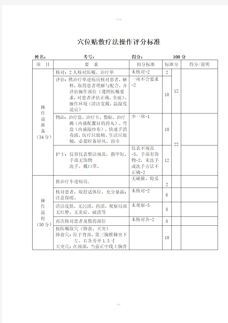 穴位贴敷评分标准