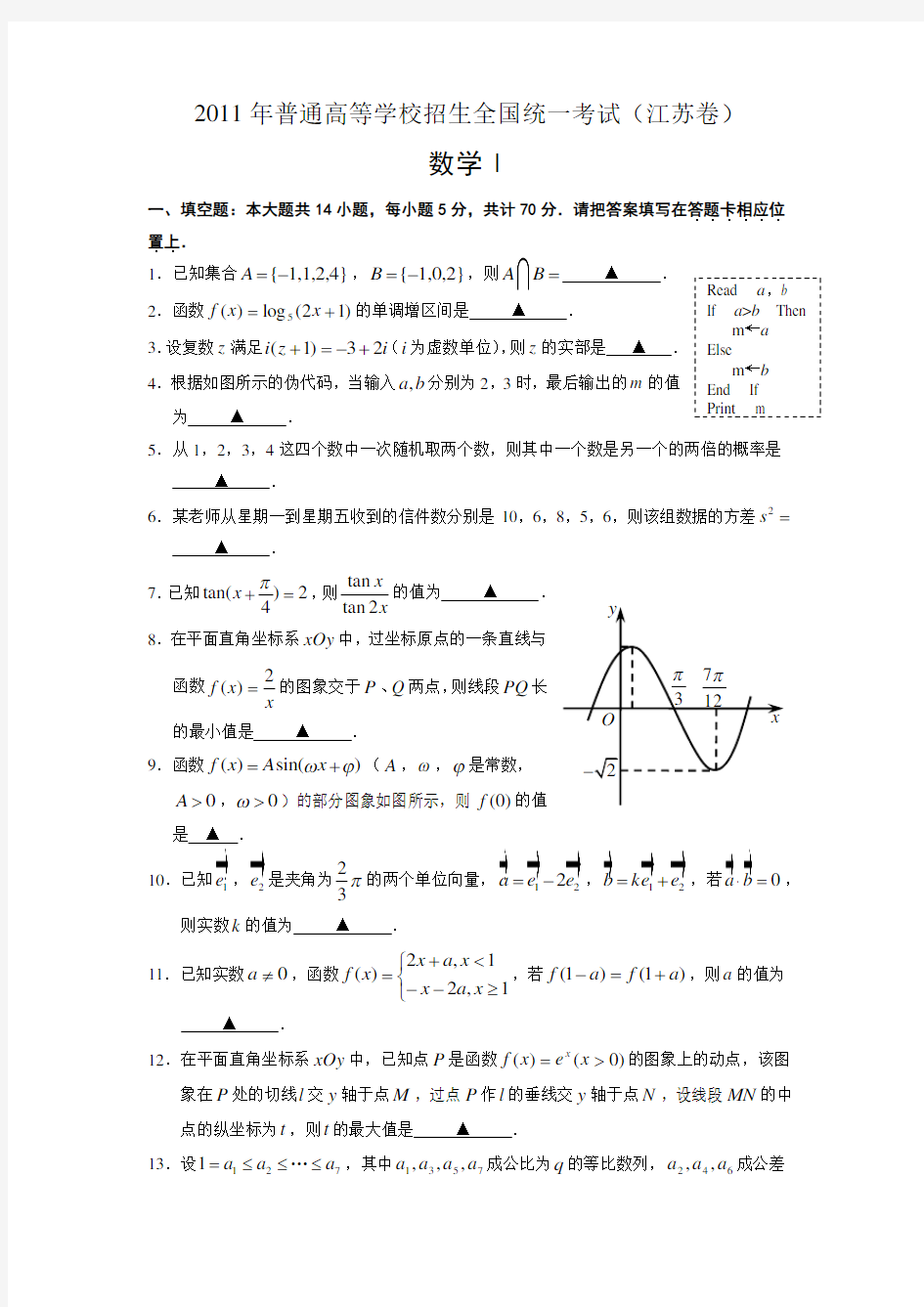 2011江苏高考数学试卷