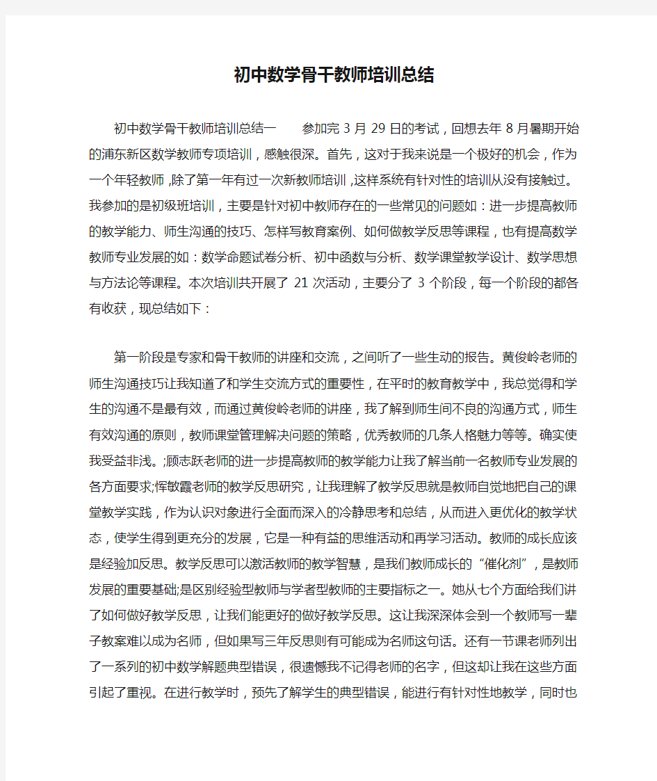 初中数学骨干教师培训总结