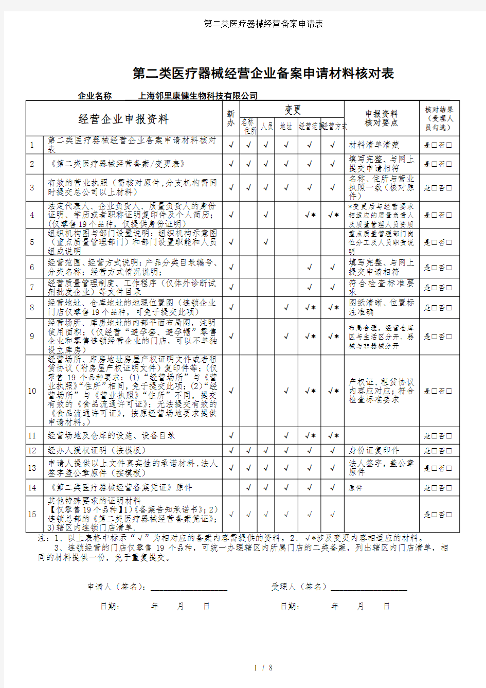 第二类医疗器械经营备案申请表