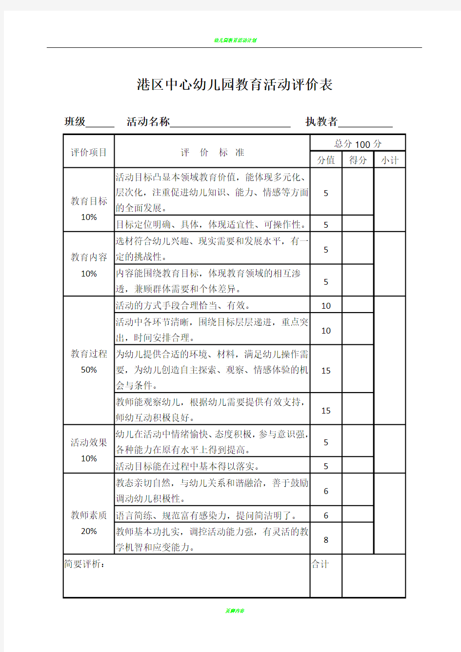 幼儿园教育活动评价表