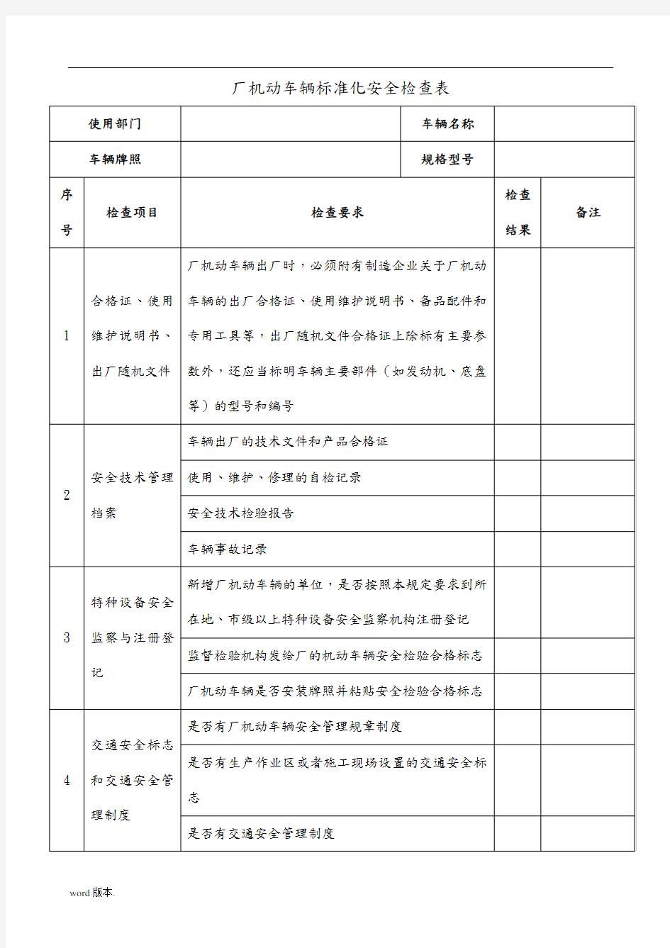 厂内机动车辆安全检查表