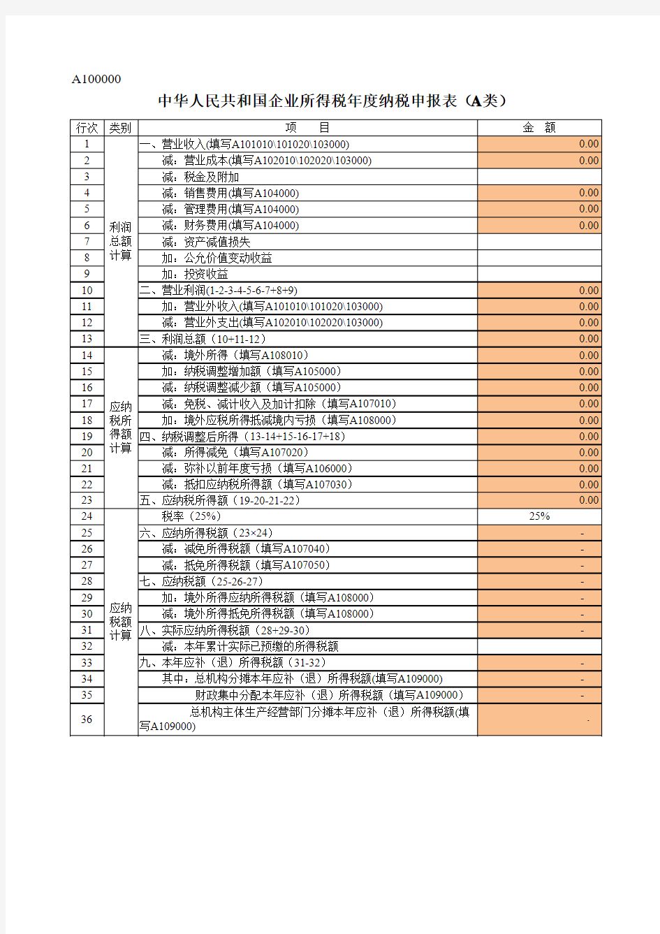 企业所得税年度纳税申报表A类2017版-