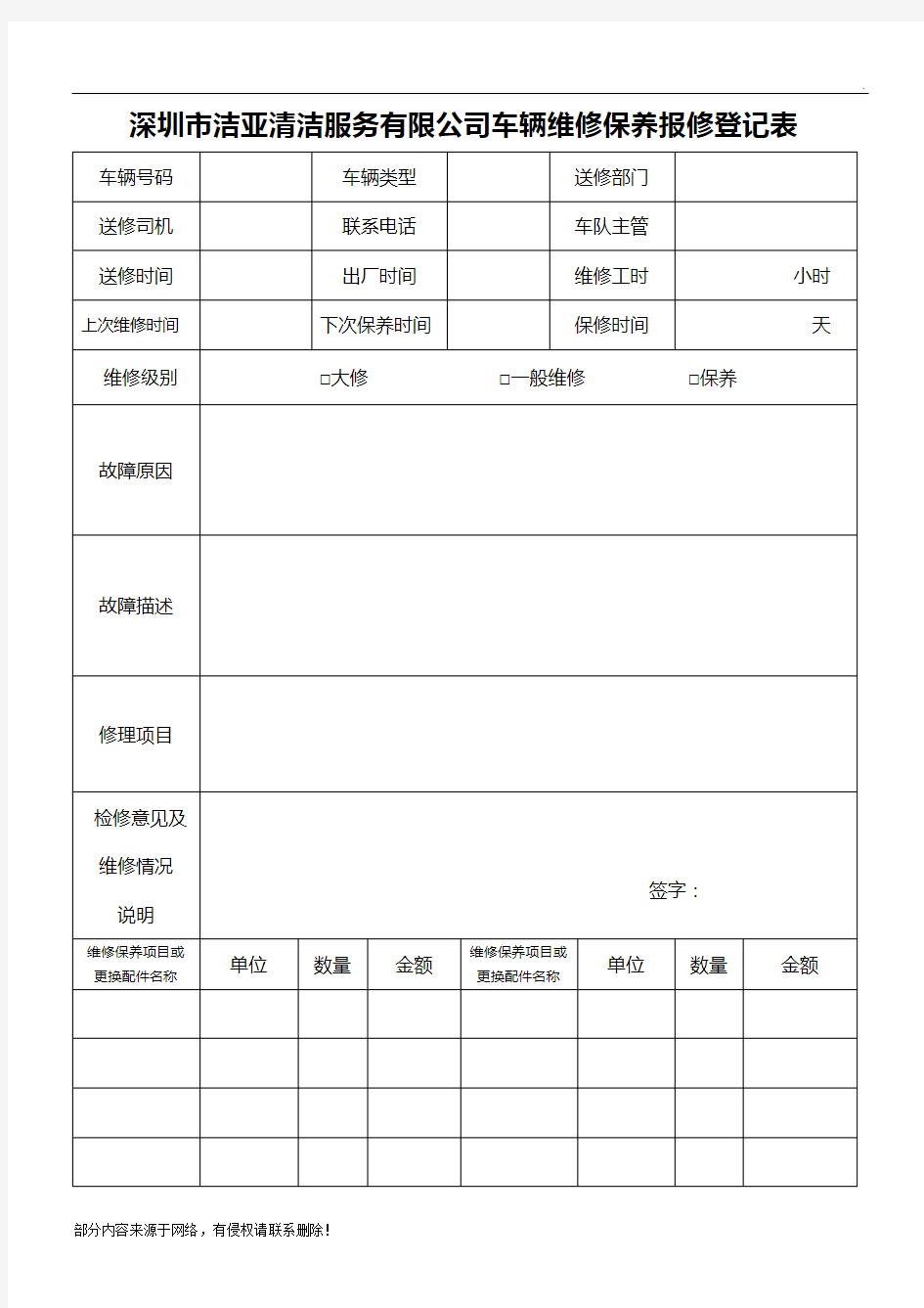 车辆维修保养登记表最新版