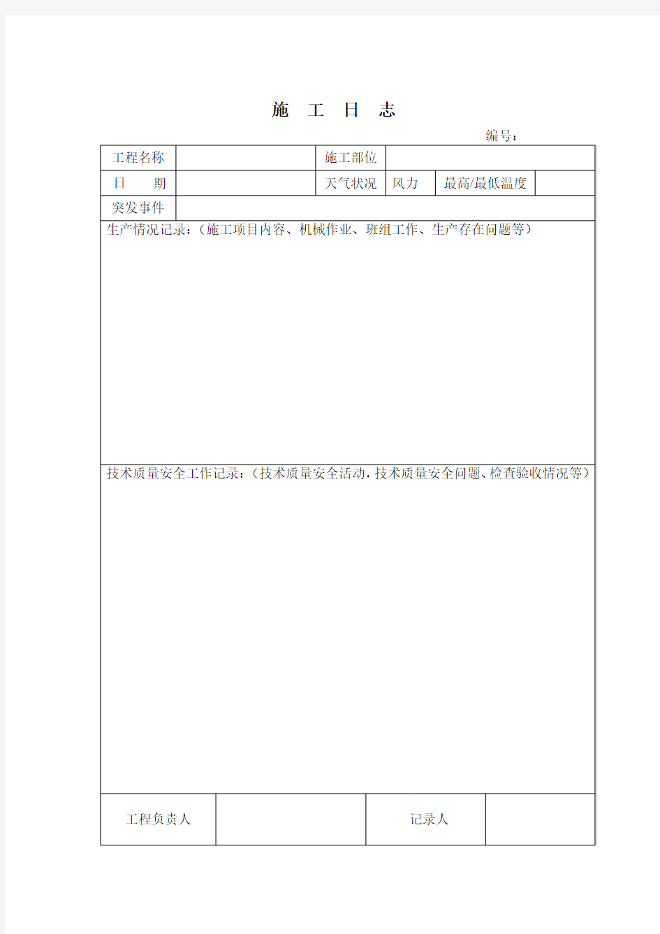 施工日志标准空白表格