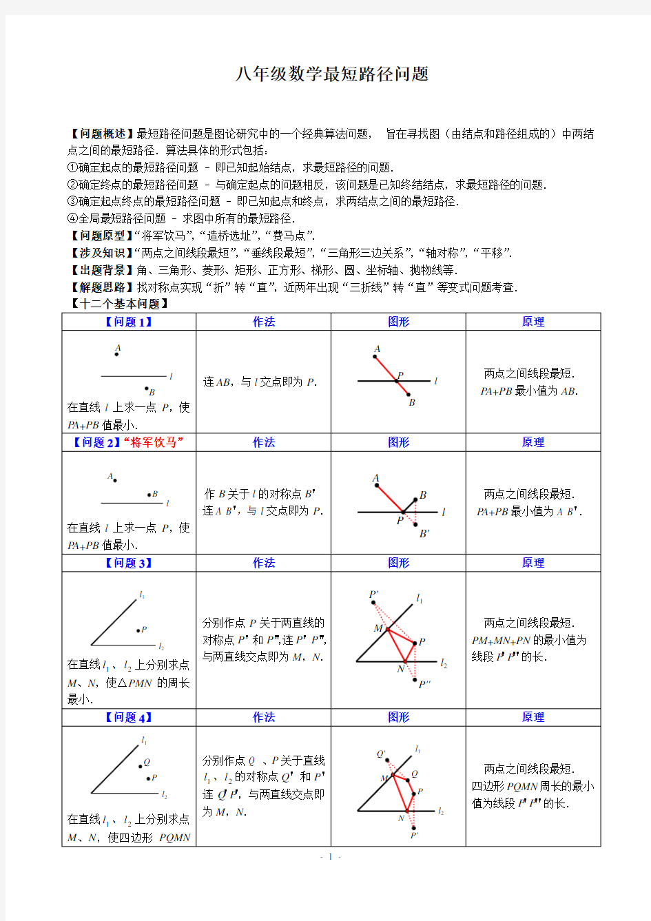 八年级最短路径问题归纳小结