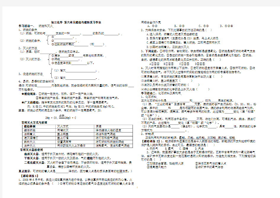 九年级上化学第六单元燃烧与燃料复习学案