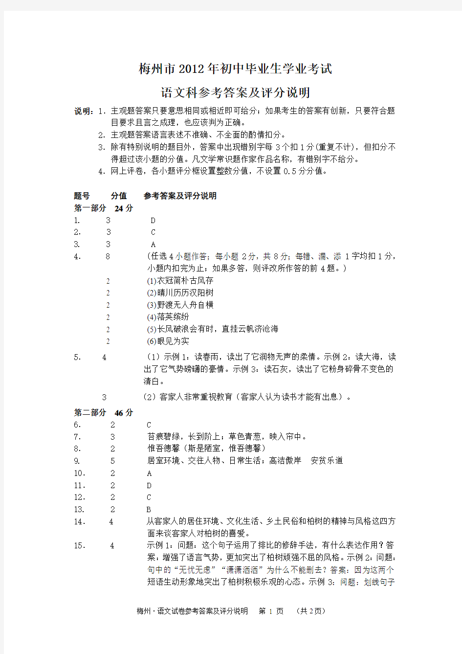 梅州市2012中考语文试卷答案