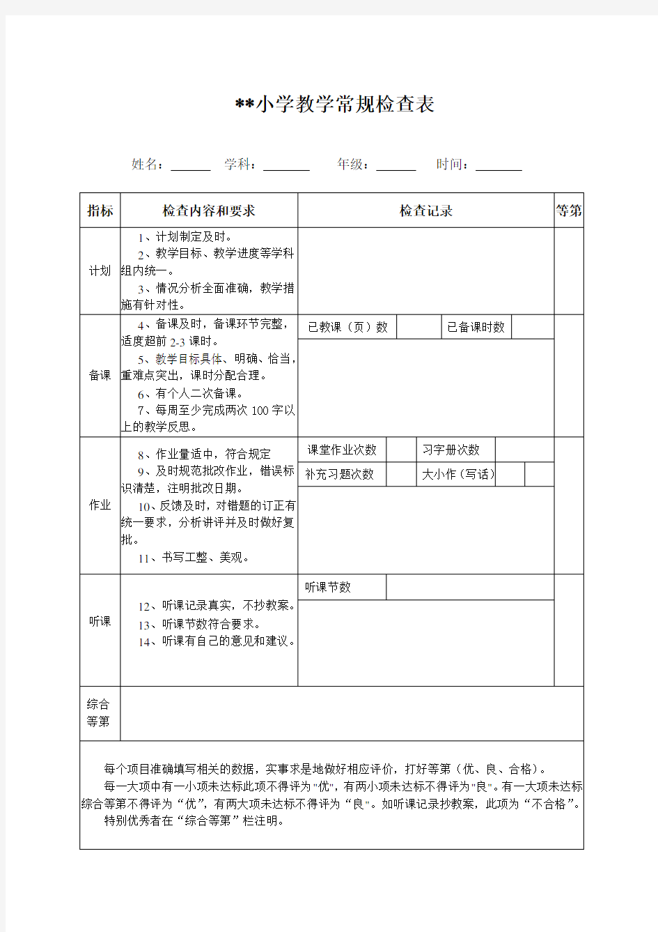 小学教学常规检查表