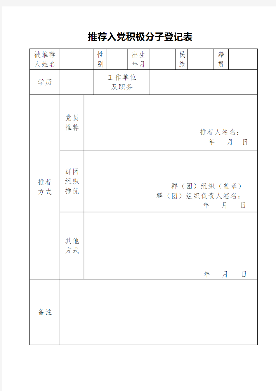 推荐入党积极分子登记表