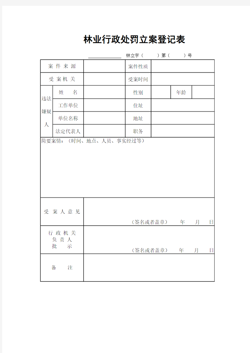 林业行政处罚立案登记表