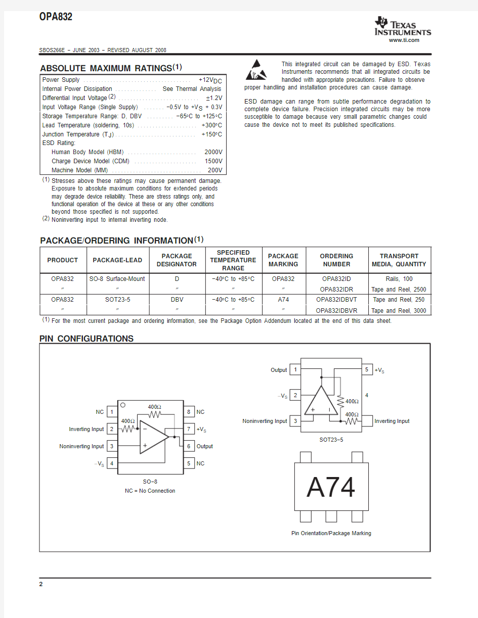 IC datasheet pdf-OPA832,pdf(Low-Power, Single-Supply, Fixed-Gain Video Buffer Amplifier)