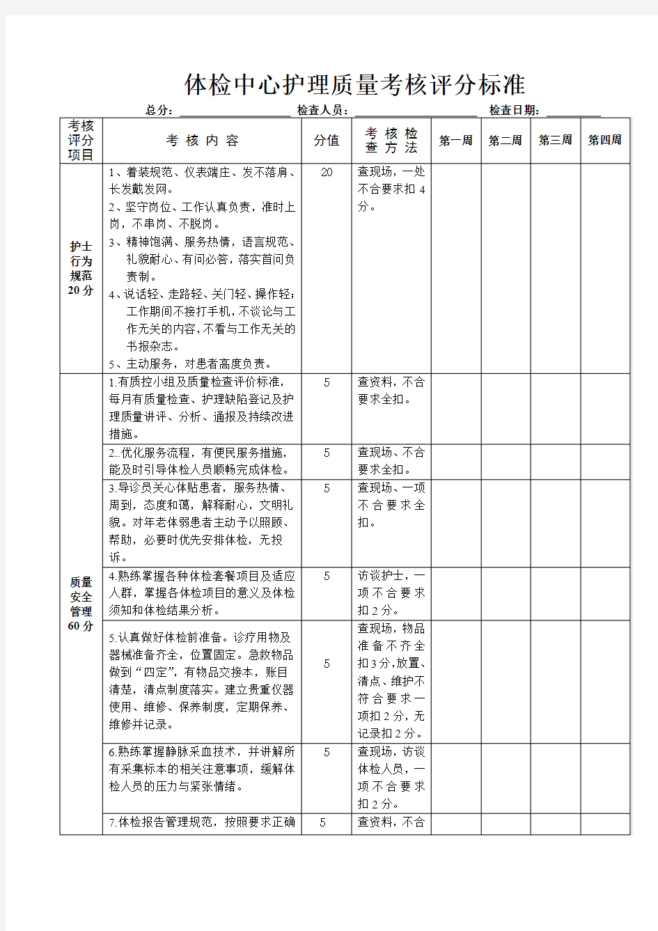 体检中心护理新考核标准