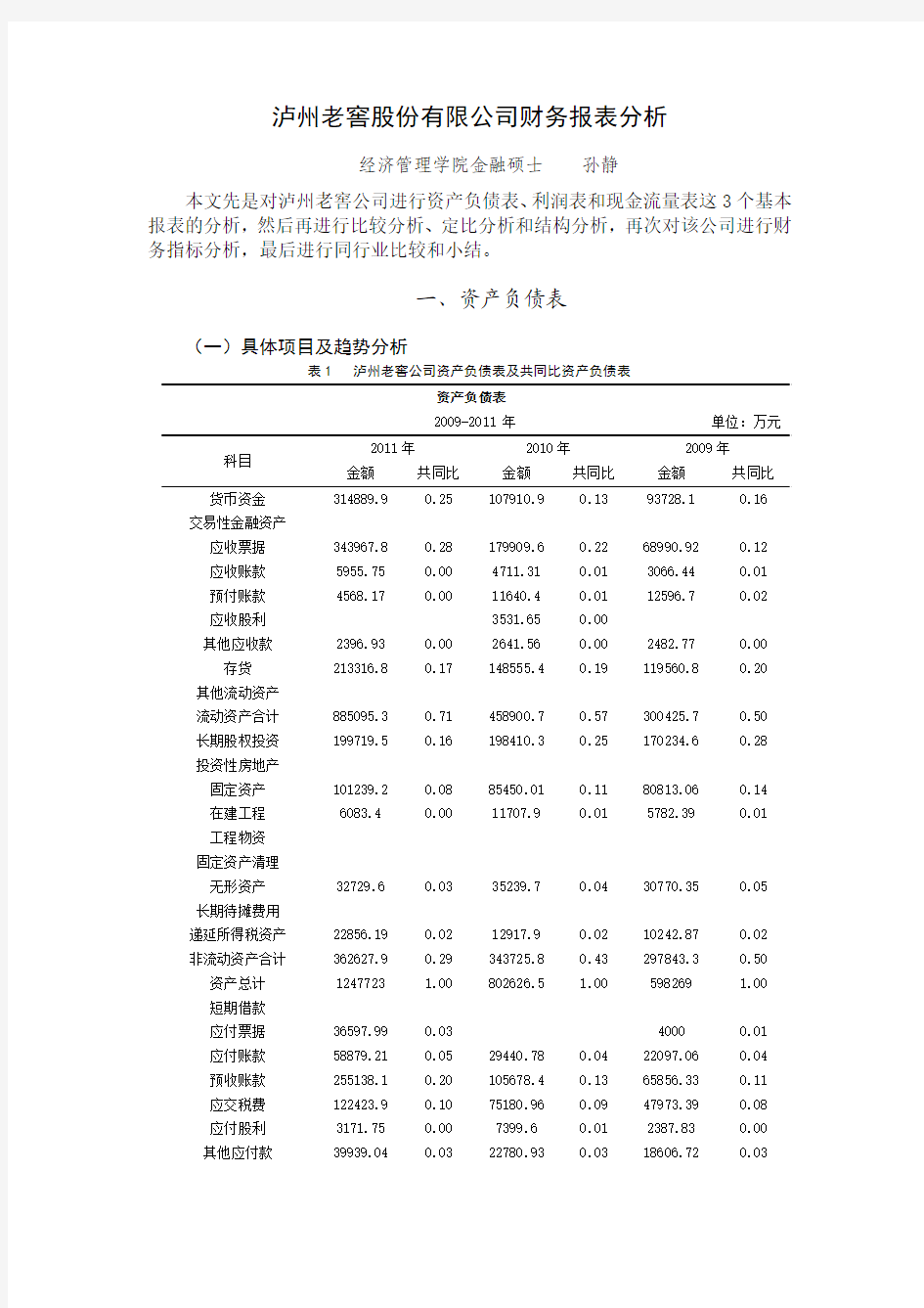 泸州老窖2012年财务报表分析