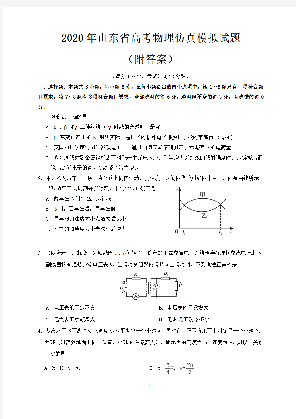 2020年山东省高考物理仿真模拟试题(附答案)