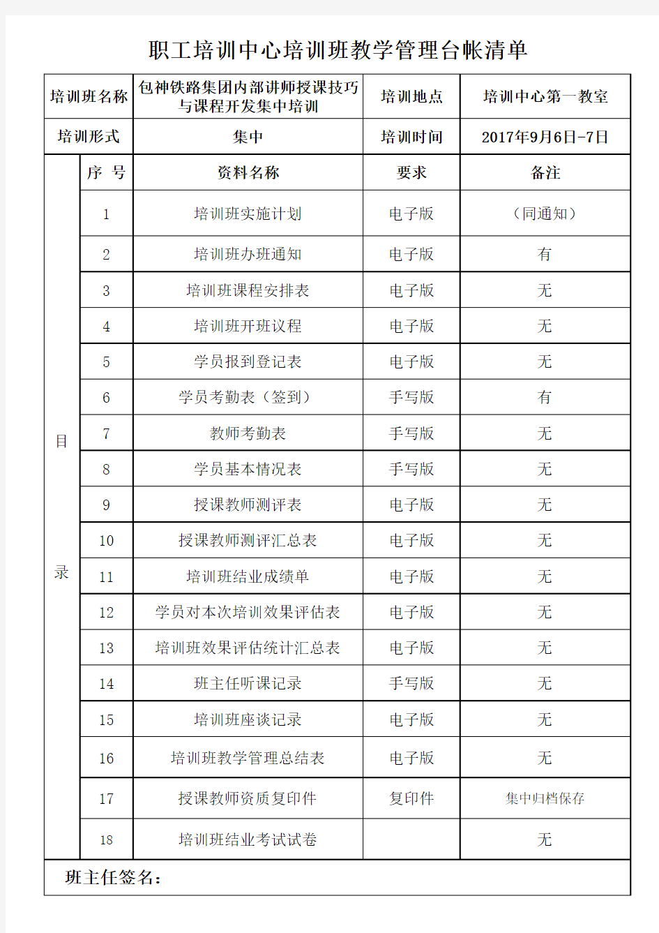 培训班教学管理台帐清单