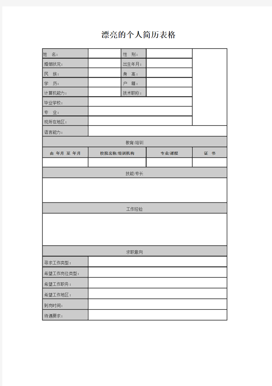 漂亮的个人简历表格