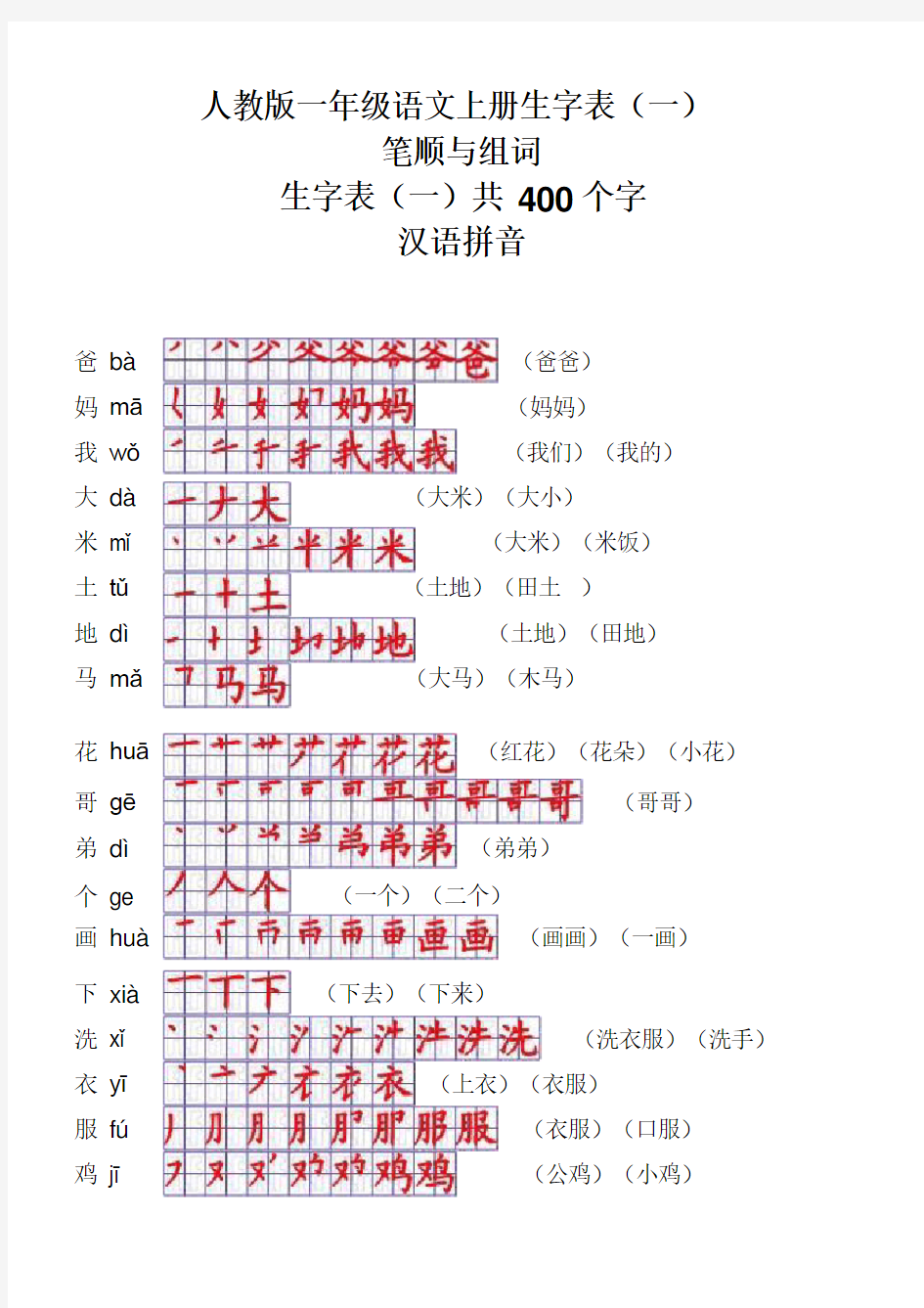 一年级语文上册生字表笔顺表及组词