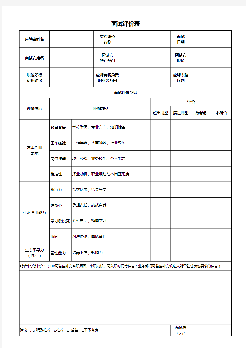 各企业通用面试评价表