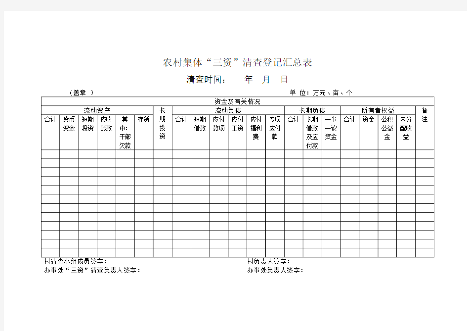 农村集体三资清查登记汇总表