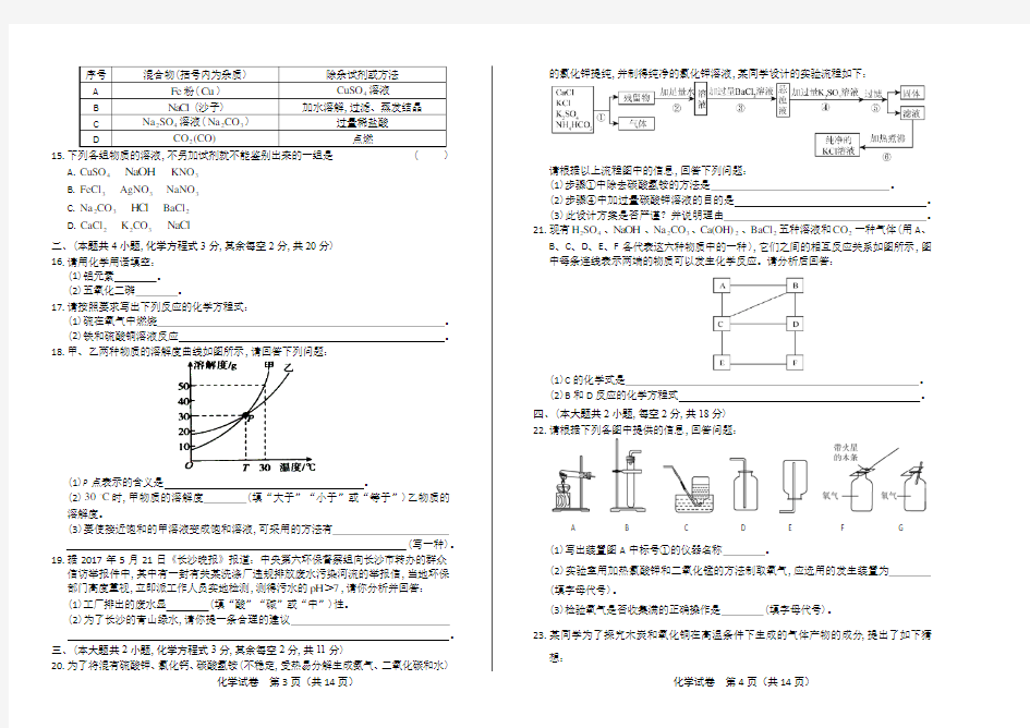 2017年湖南省长沙市中考化学试卷及答案