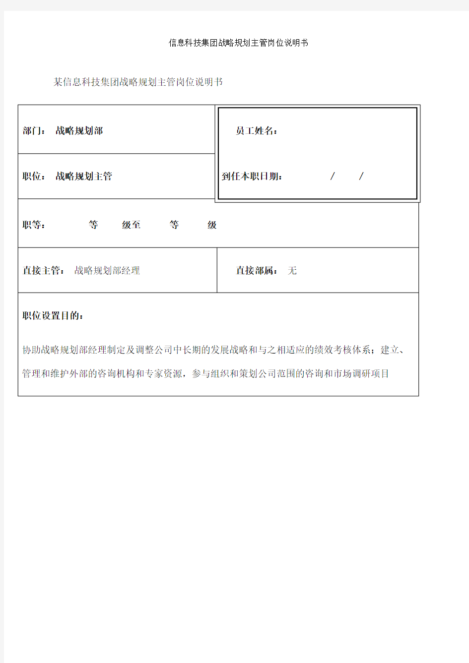 信息科技集团战略规划主管岗位说明书