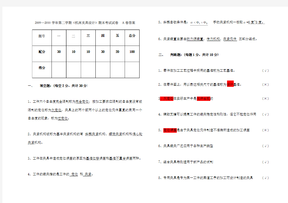 《机床夹具设计》期末考试试卷答案