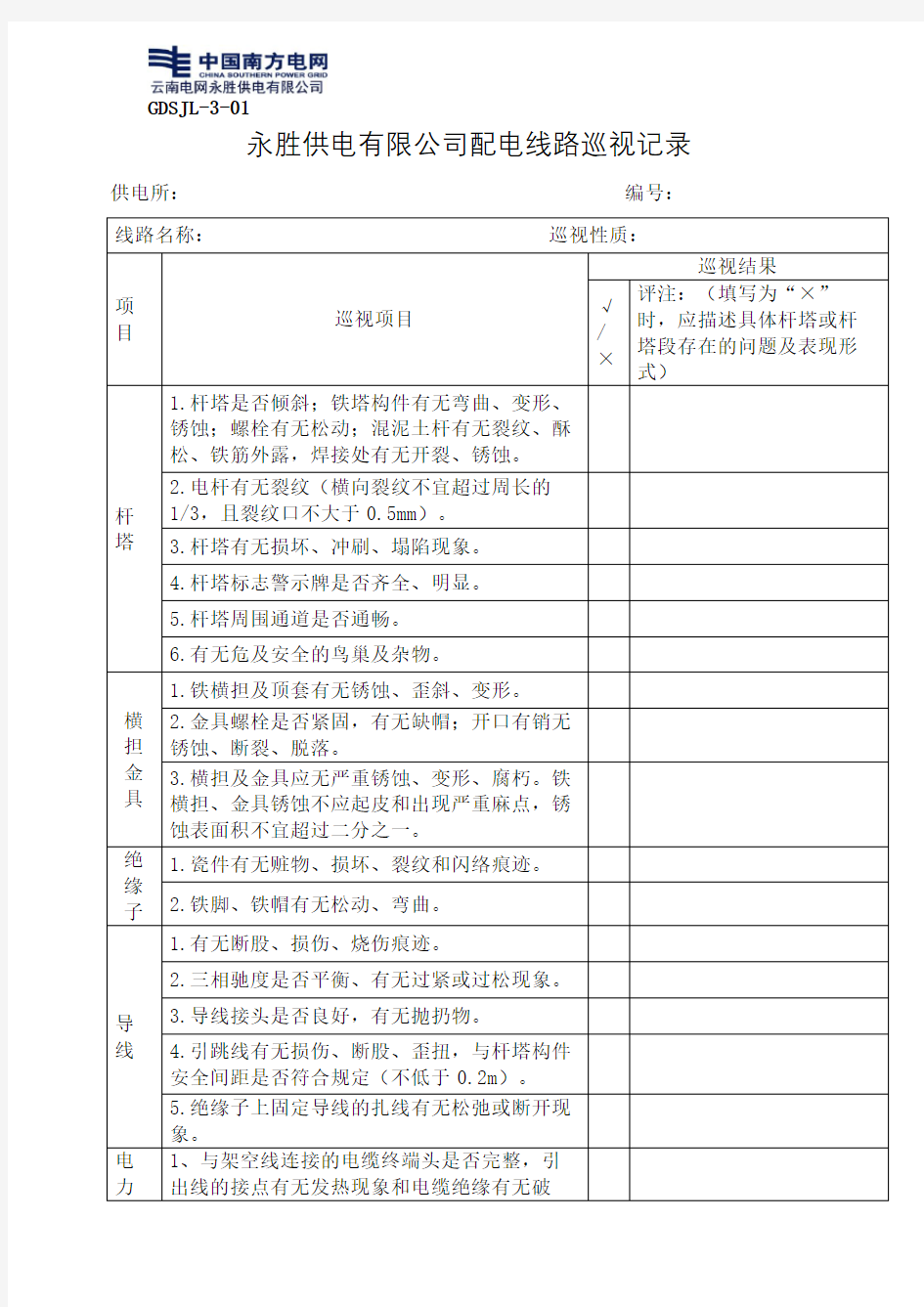 配电线路巡视记录单