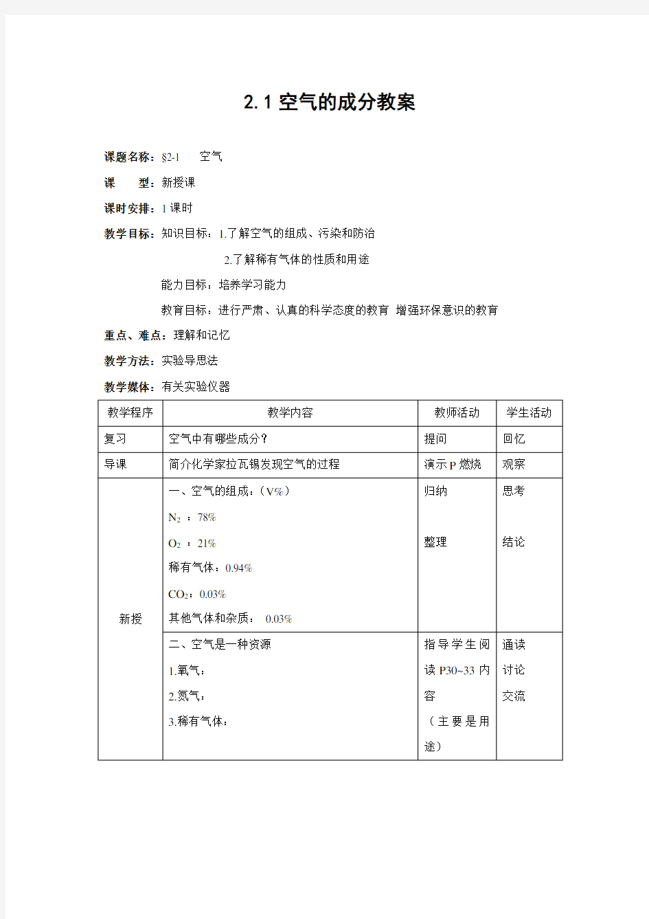 《2.1空气的成分》教案2