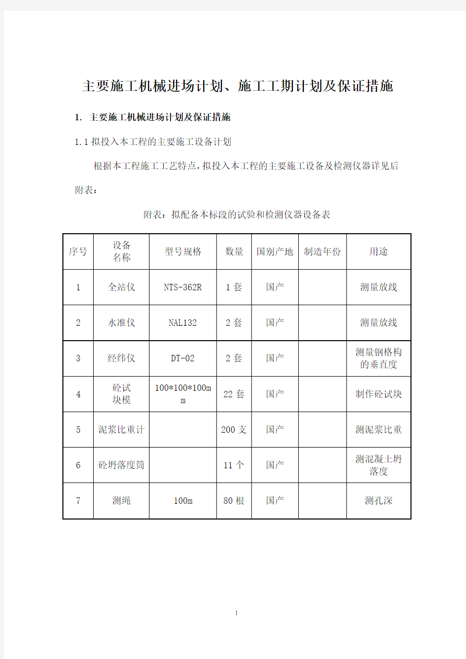 主要施工机械进场计划、工期计划及保证措施