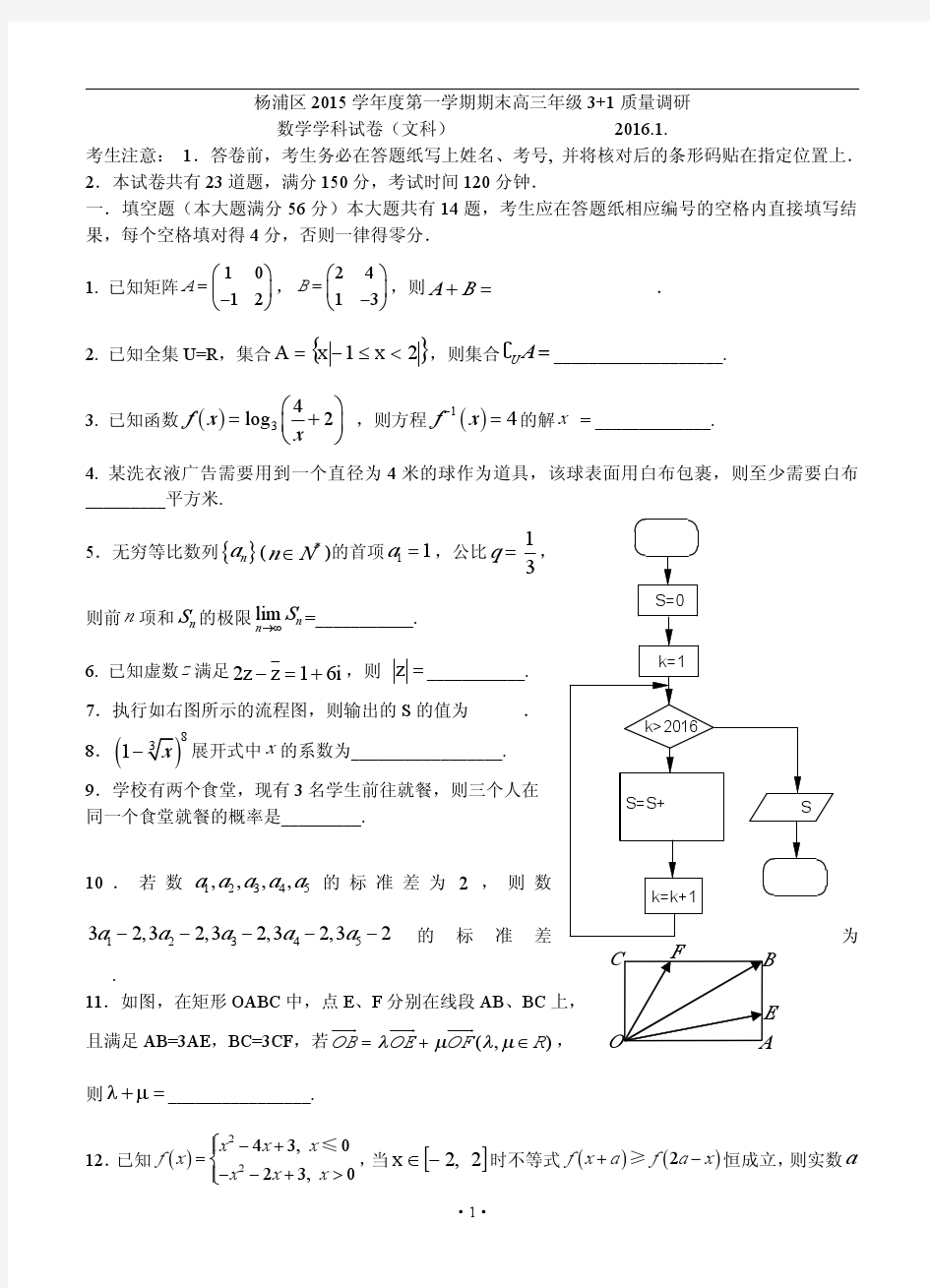 杨浦区2015学年度第一学期期末高三年级3+1质量调研及解答