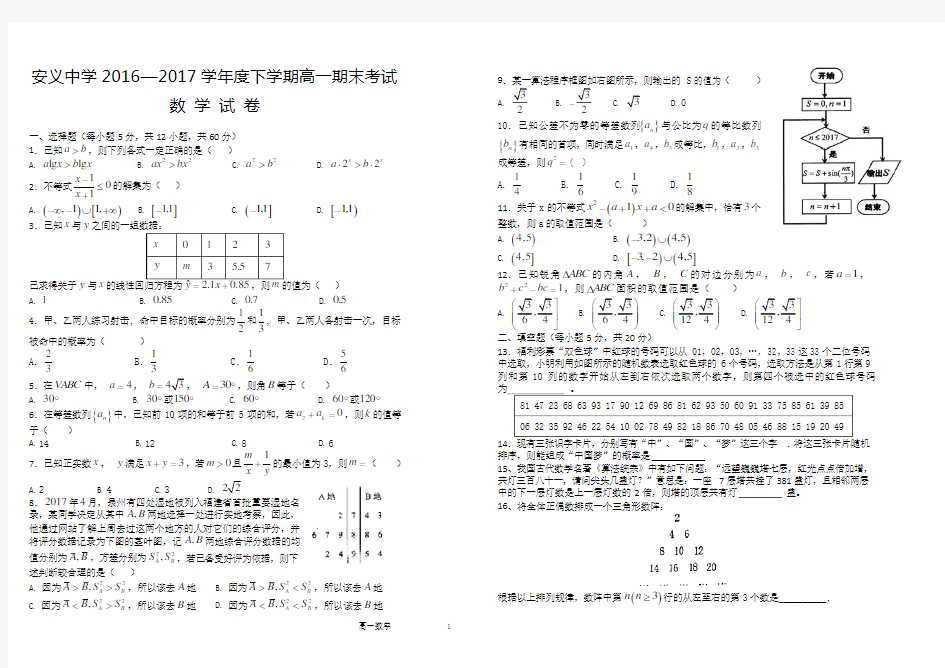 2016-2017下学期高一期末考试数学试卷