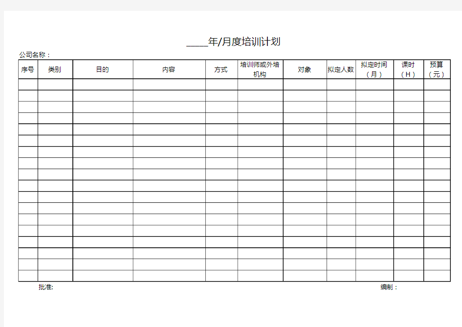 质量体系文件年度培训计划