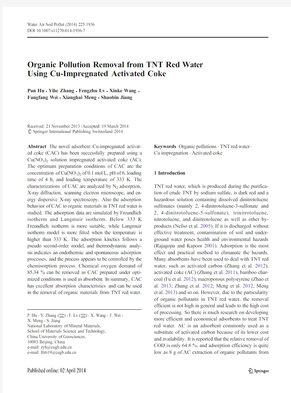 Online-Organic Pollution Removal from TNT Red Water Using Cu-Impregnated Activated Coke
