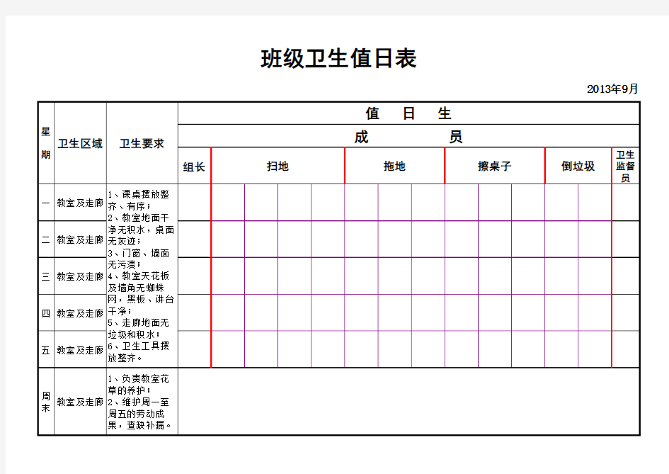 学校班级卫生值日表