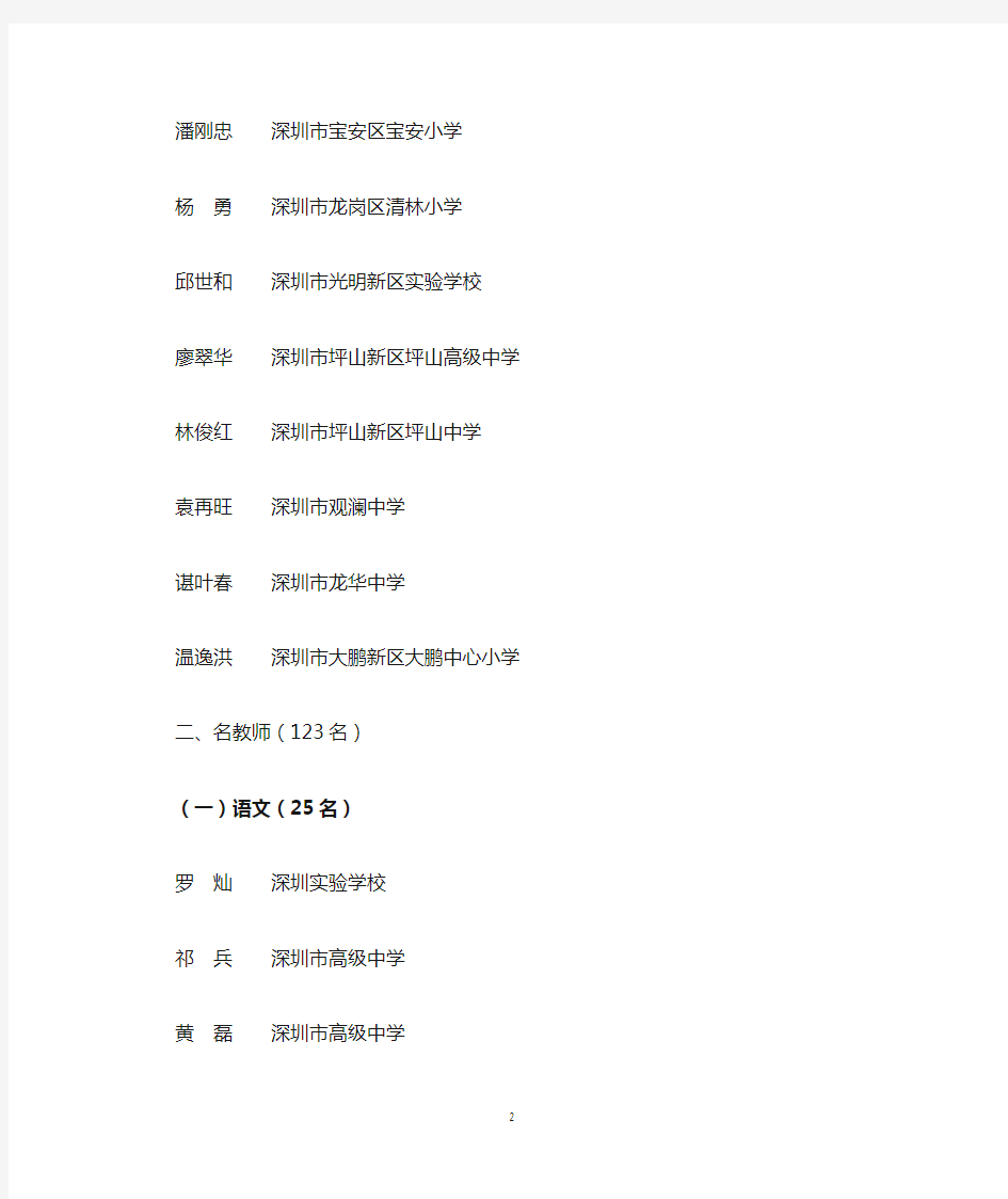 深圳市基础教育系统第四批名师名单