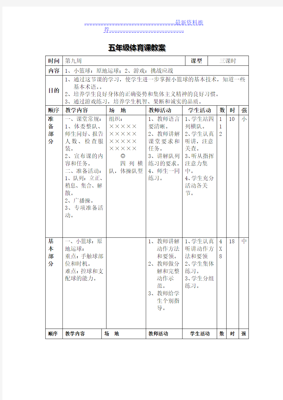 五年级体育课教案小篮球：原地运球