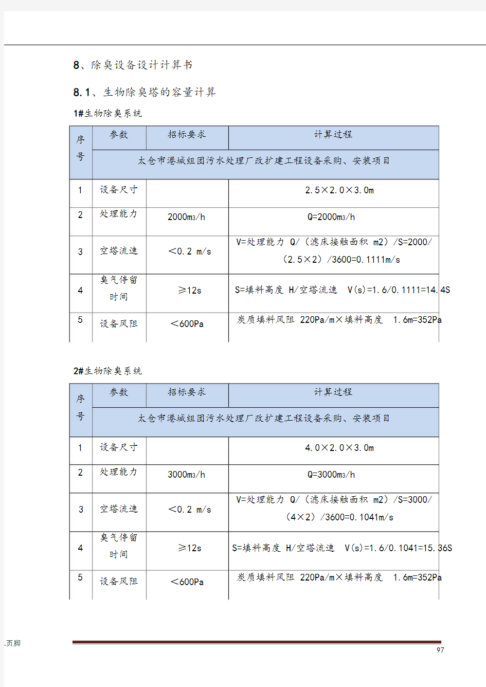 除臭设备设计计算书
