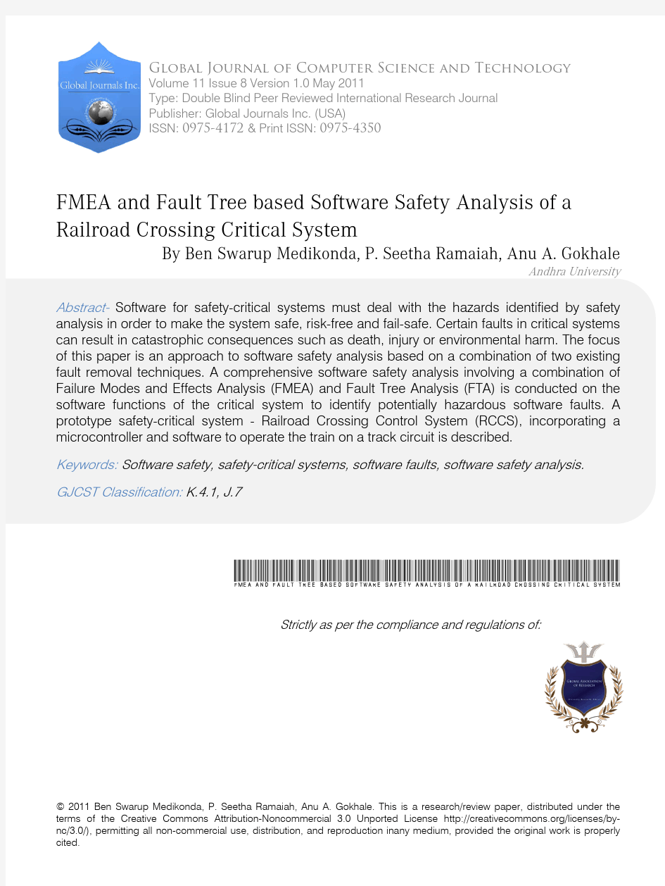 FMEA and Fault Tree based Software Safety Analysis of a Railroad Crossing Critical System