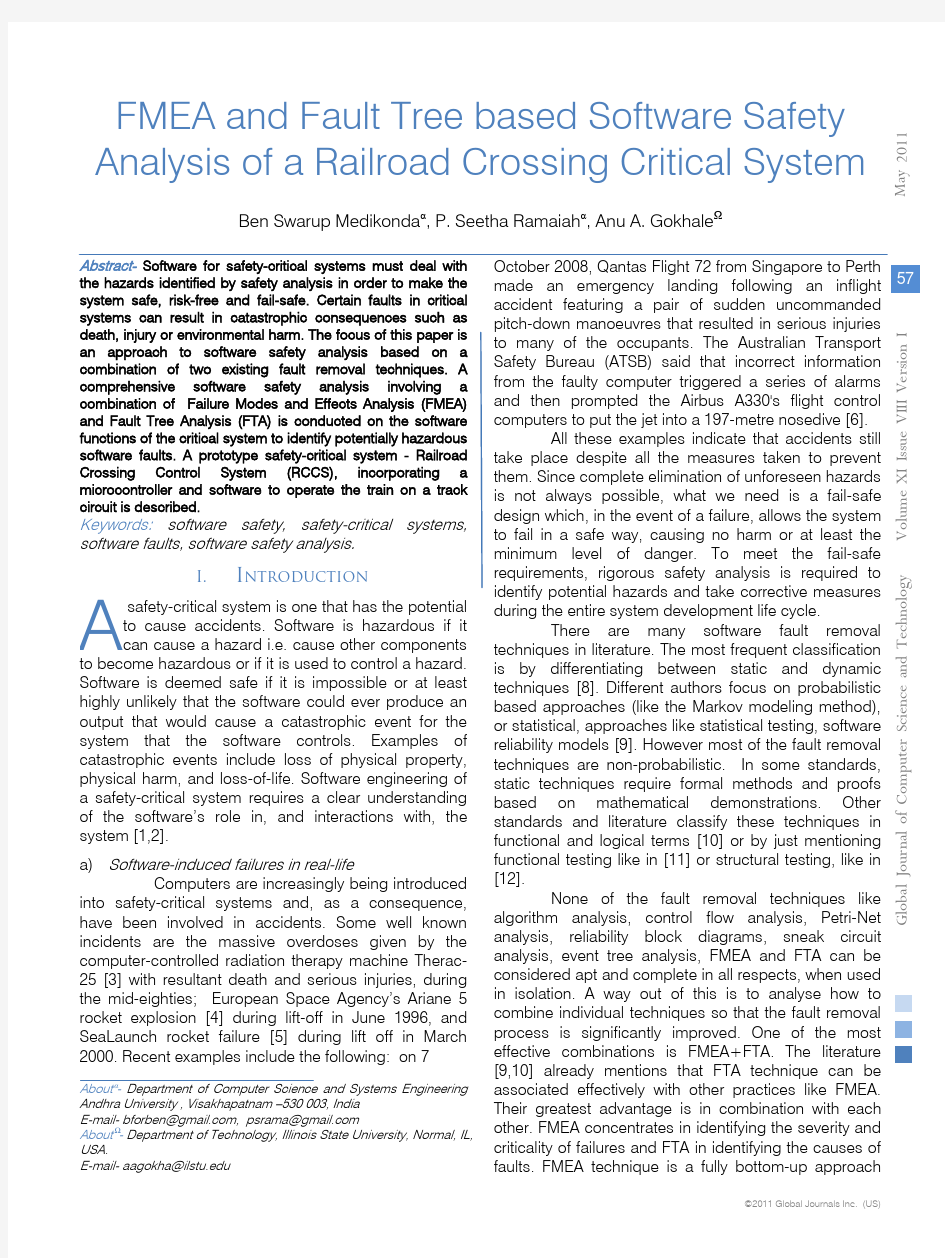 FMEA and Fault Tree based Software Safety Analysis of a Railroad Crossing Critical System