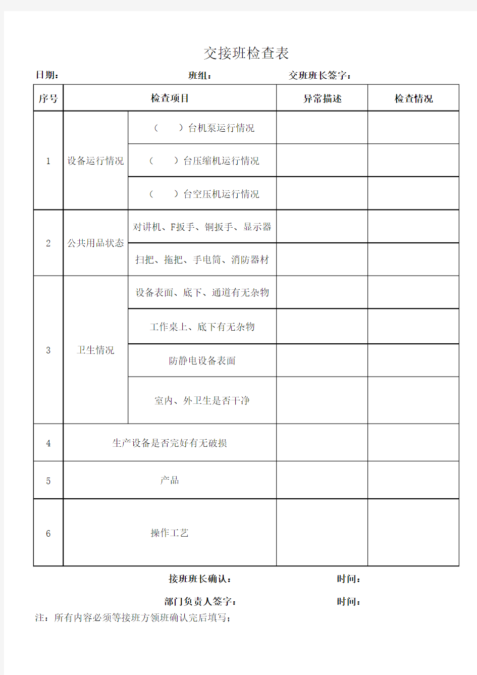 交接班检查表