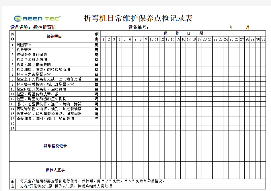 折弯点检表