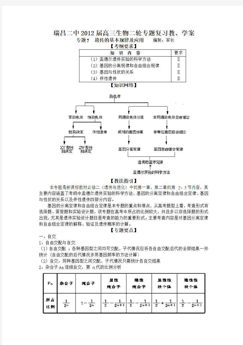 高三生物二轮专题复习教学案(专题 遗传的基本规律及应用)