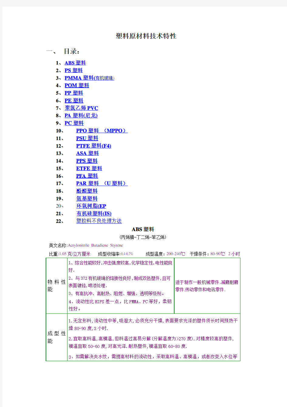 所有塑胶原料特性汇总