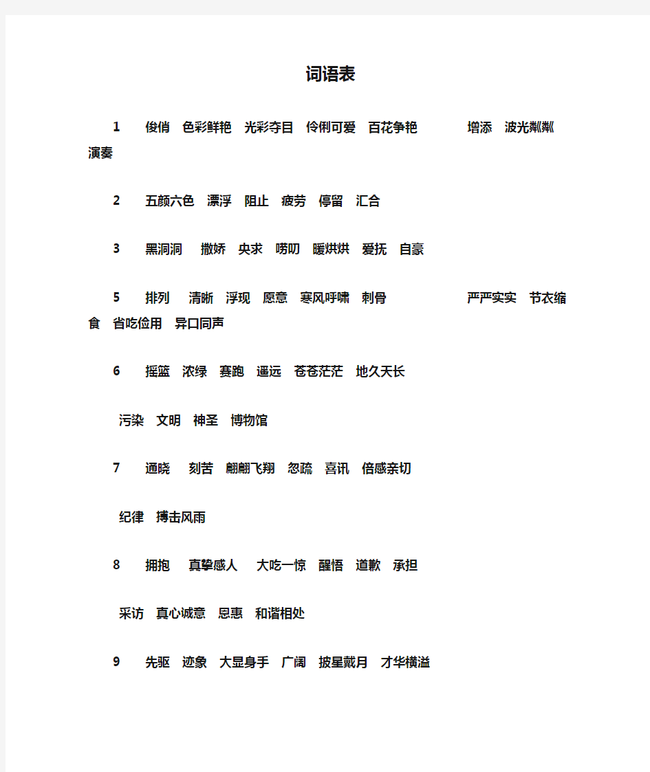 沪教版小学四年级语文下册词语表