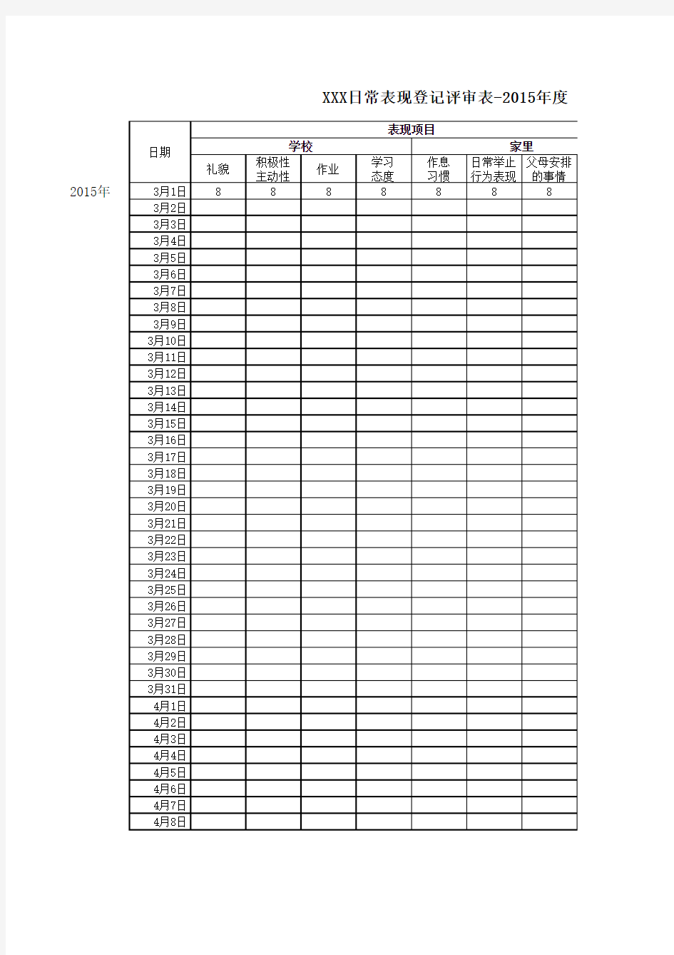 评估小孩日常表现登记评审表2015