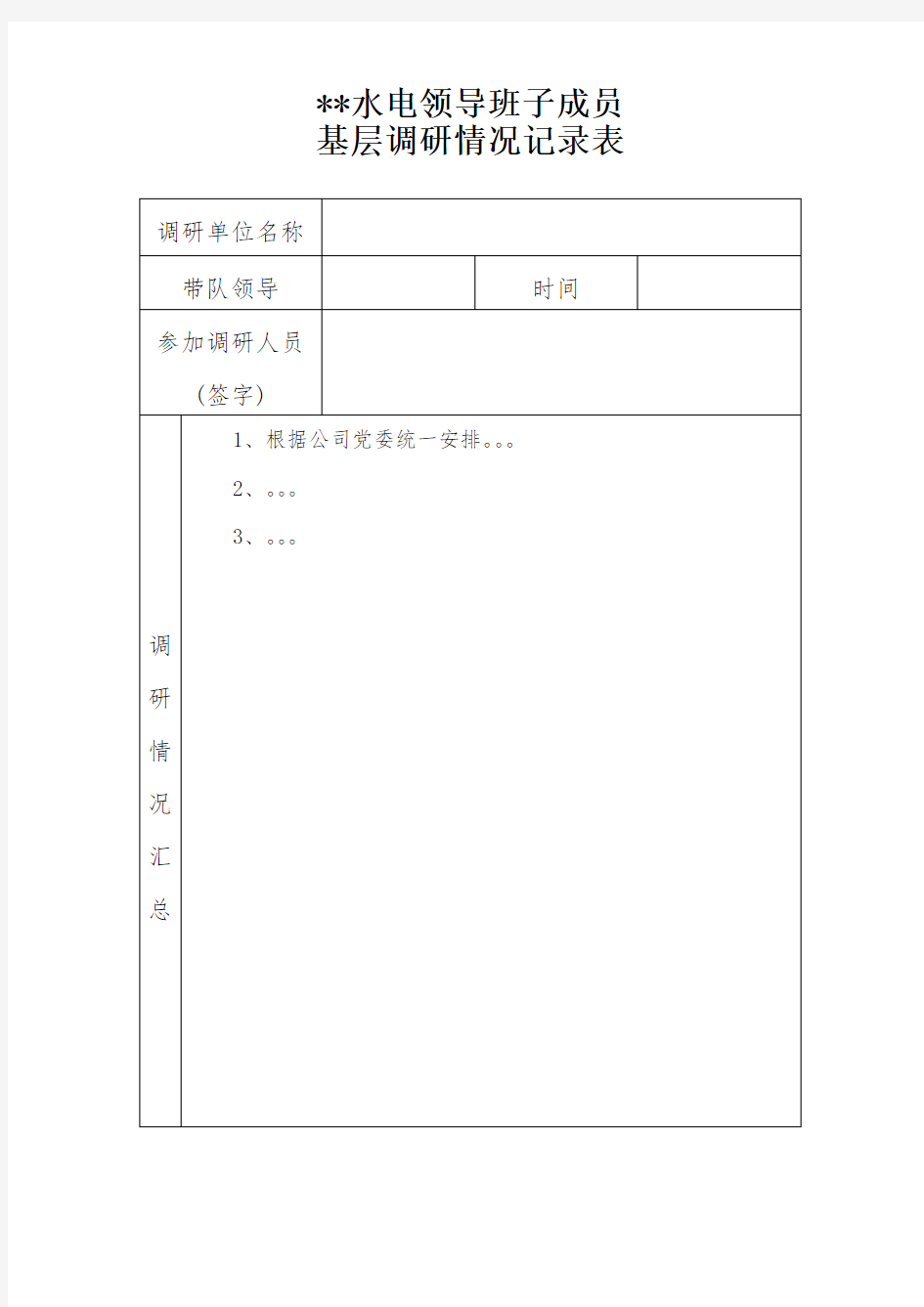 公司领导基层调研情况记录表