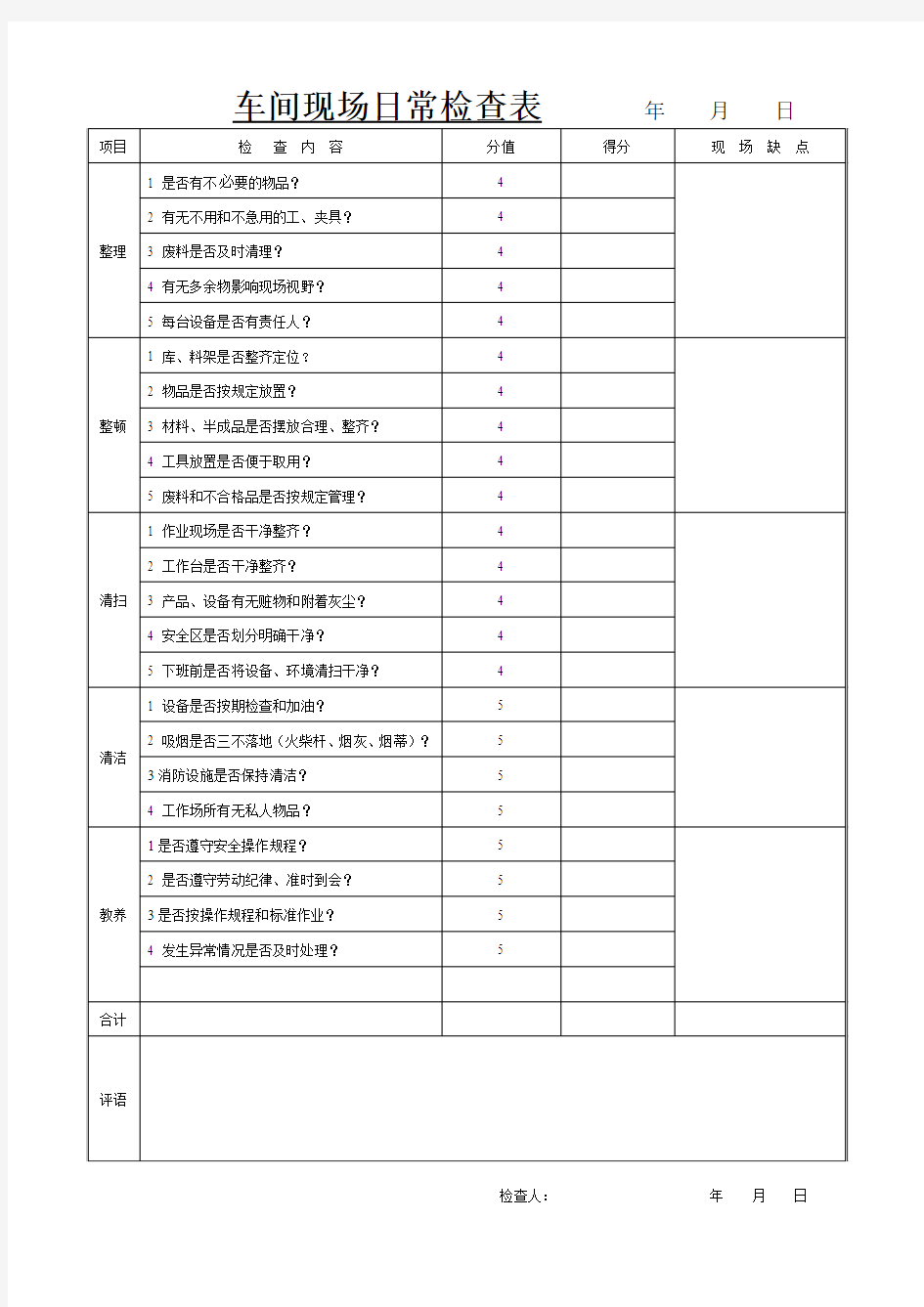 车间现场日常检查表