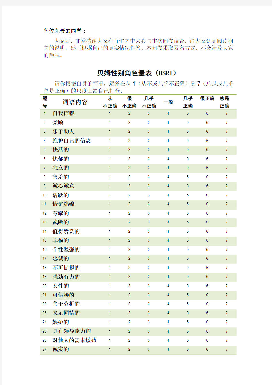 双性化人格倾向测试-贝姆性别角色量表